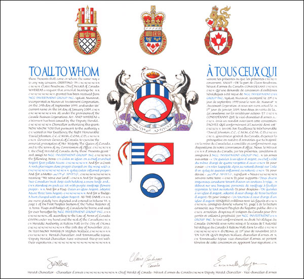 Letters patent granting heraldic emblems to NCC Investment Group Inc.