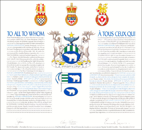 Letters patent granting Armorial Bearing to Nunasi Corporation