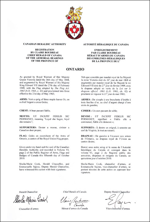 Letters patent registering the heraldic emblems of the Province of Ontario