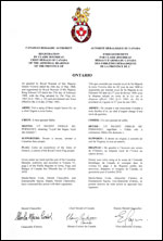 Letters patent registering the heraldic emblems of the Province of Ontario