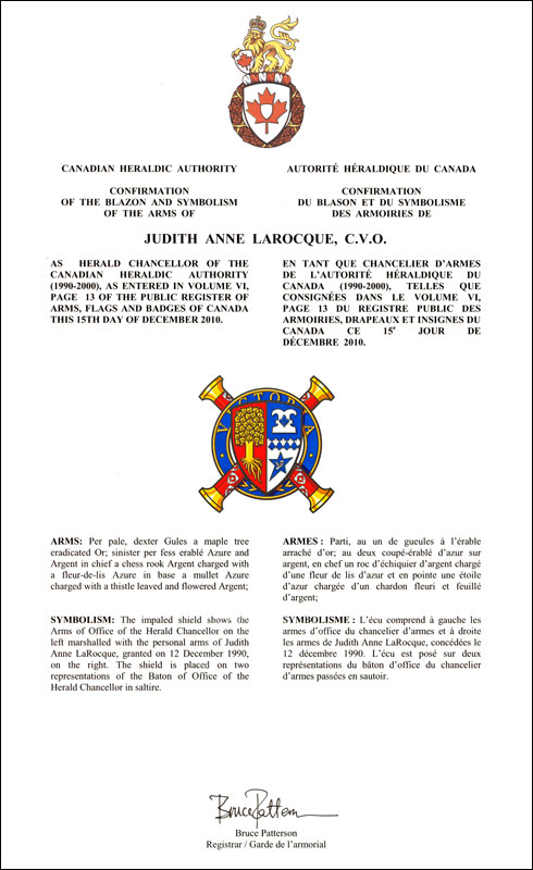 Letters patent confirming the impaled Arms of Office of Judith Anne LaRocque as Herald Chancellor