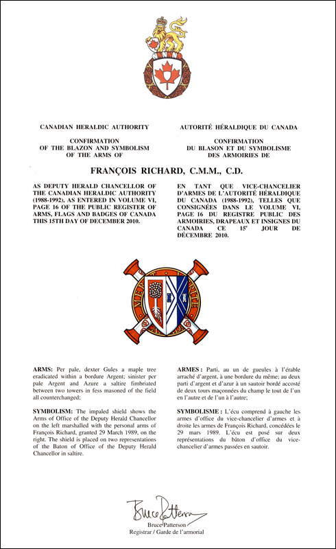 Letters patent confirming the impaled Arms of Office of François Richard as Deputy Herald Chancellor