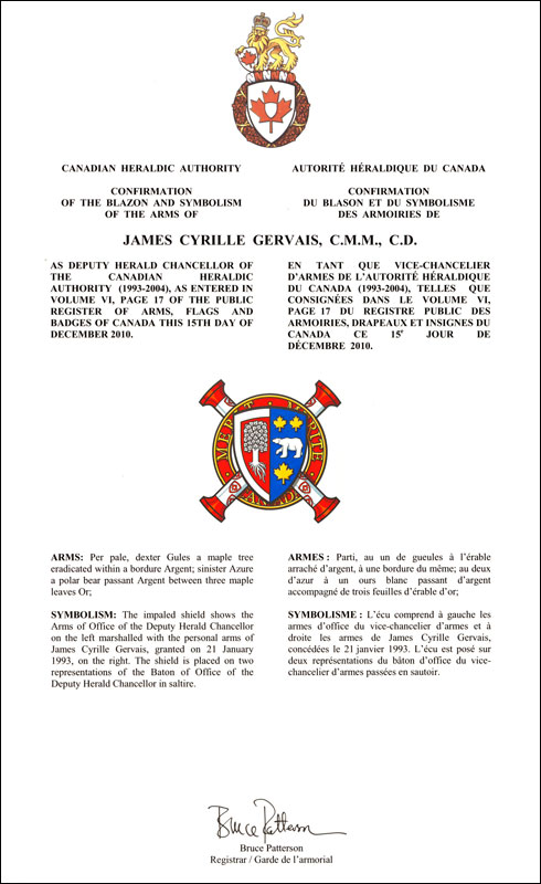 Letters patent confirming the impaled Arms of Office of James Cyrille Gervais as Deputy Herald Chancellor