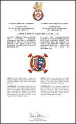 Letters patent confirming the impaled Arms of Office of James Cyrille Gervais as Deputy Herald Chancellor