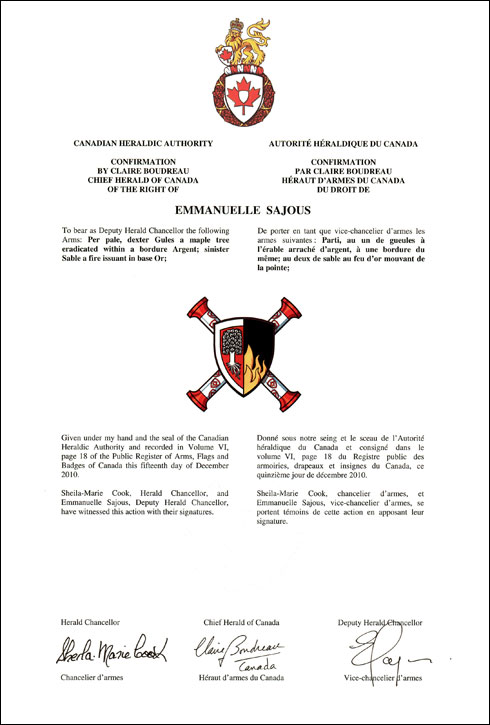 Letters patent confirming the impaled Arms of Office of Emmanuelle Sajous as Deputy Herald Chancellor