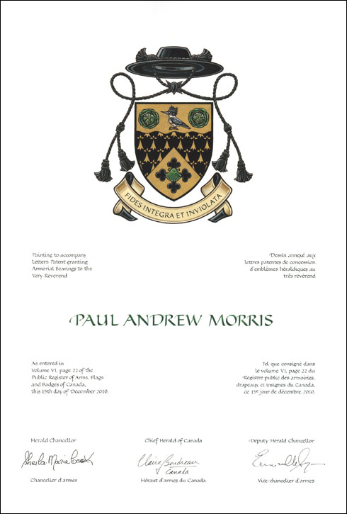 Letters patent granting heraldic emblems to Paul Andrew Morris