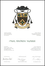 Letters patent granting heraldic emblems to Paul Andrew Morris