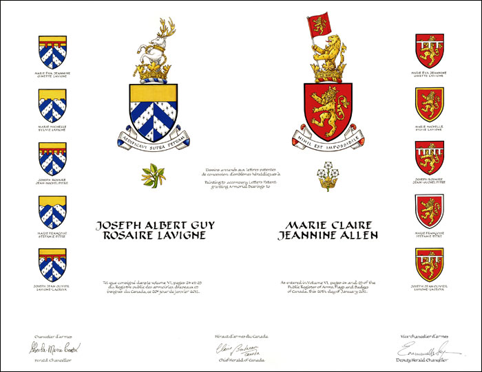 Letters patent granting heraldic emblems to Joseph Albert Guy Rosaire Lavigne