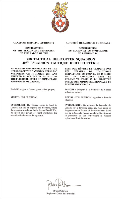 Letters patent confirming the blazon of the Badge of the 408 Tactical Helicopter Squadron