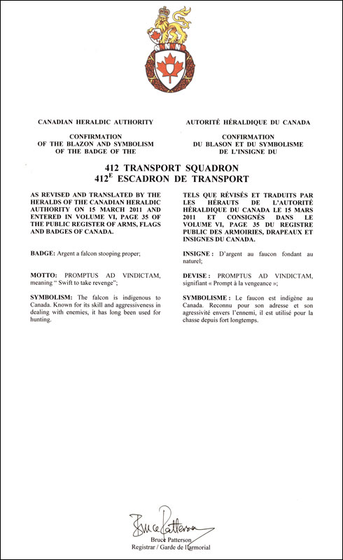 Letters patent confirming the blazon of the Badge of the 412 Transport Squadron