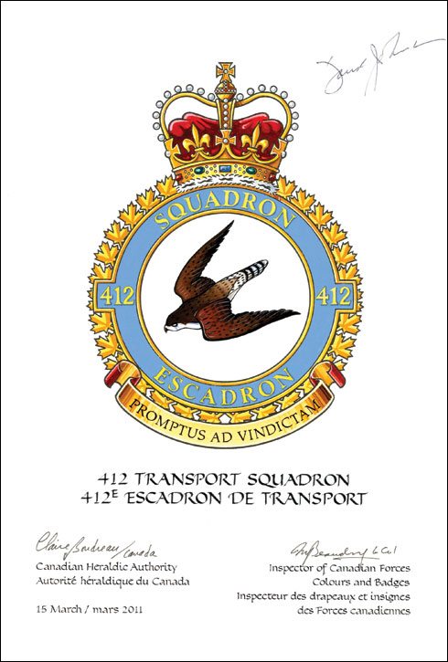 Letters patent confirming the blazon of the Badge of the 412 Transport Squadron