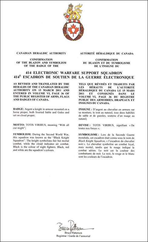 Letters patent approving the blazon of the Badge of the 414 Electronic Warfare Support Squadron