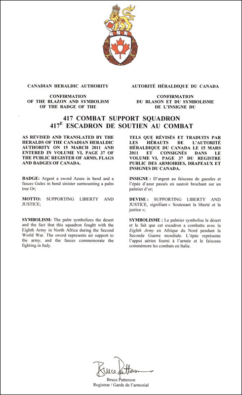 Letters patent approving the blazon of the Badge of the 417 Combat Support Squadron