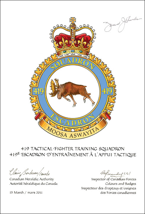 Letters patent confirming the blazon of the Badge of the 419 Tactical Fighter Training Squadron