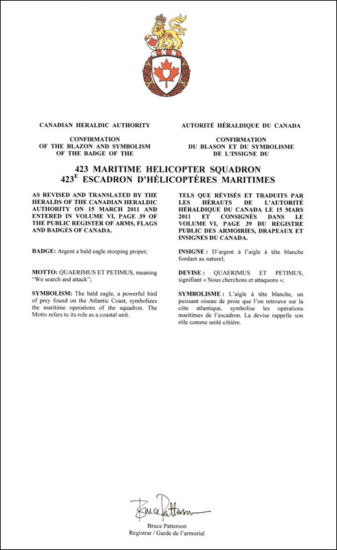 Letters patent confirming the blazon of the Badge of the 423 Maritime Helicopter Squadron