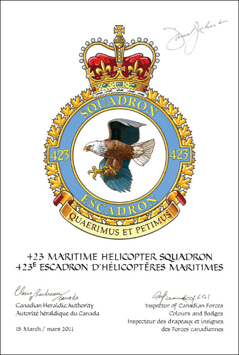 Letters patent confirming the blazon of the Badge of 423 Maritime Helicopter Squadron