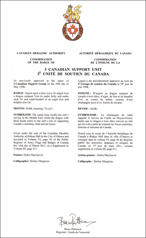 Letters patent confirming the Badge of 3 Canadian Support Unit