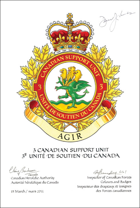 Letters patent confirming the Badge of 3 Canadian Support Unit