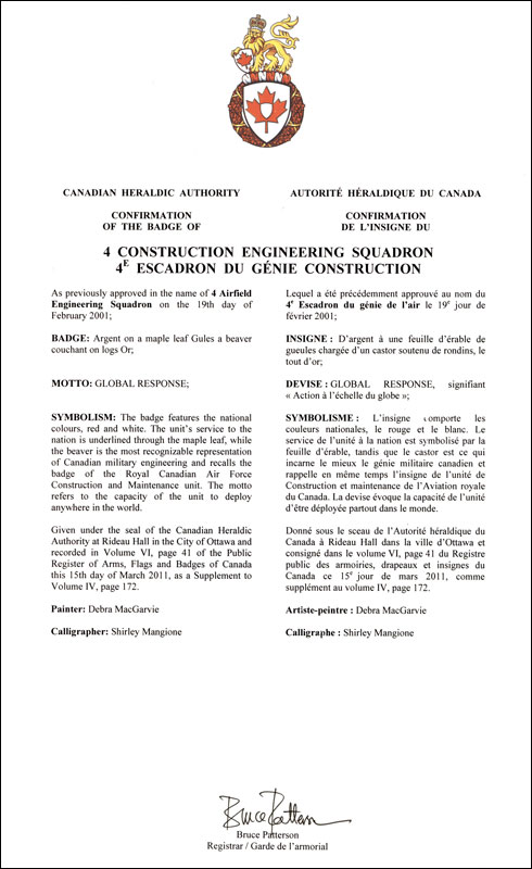 Letters patent confirming the Badge of 4 Construction Engineering Squadron