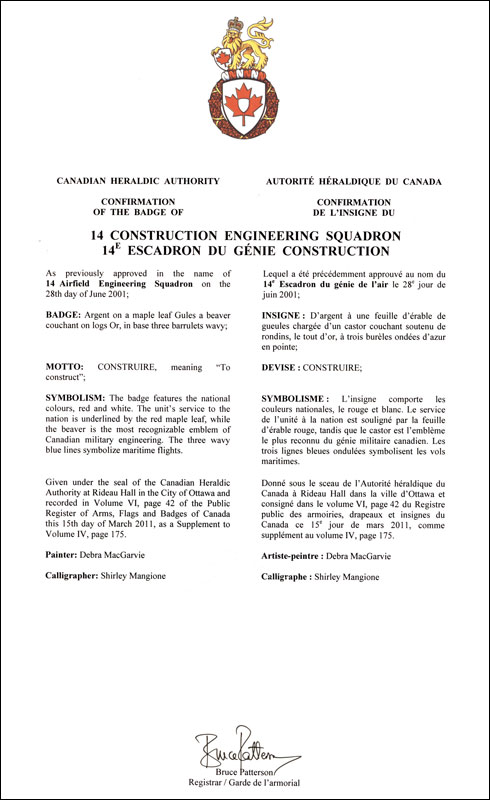 Letters patent confirming the Badge of 14 Construction Engineering Squadron