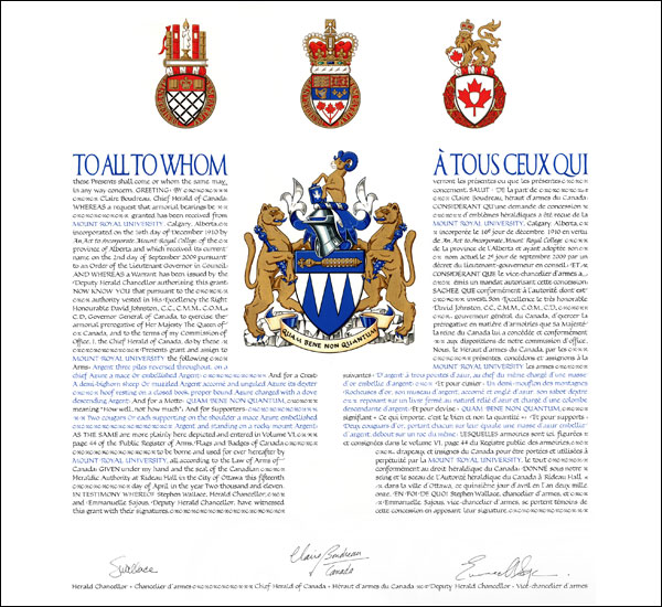 Letters patent granting heraldic emblems to Mount Royal University