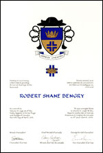 Letters patent granting heraldic emblems to Robert Shane Bengry