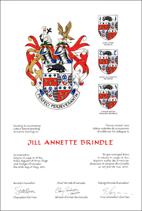 Letters patent granting heraldic emblems to Jill Annette Brindle