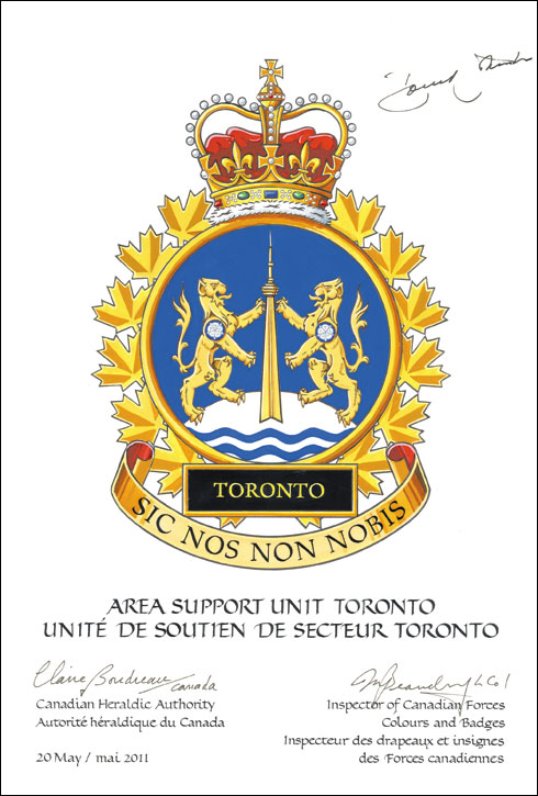 Lettres patentes approuvant l'insigne de l'Unité de soutien de secteur Toronto