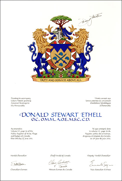 Letters patent granting heraldic emblems to Donald Stewart Ethell