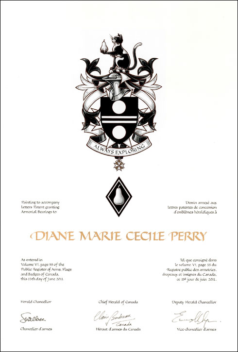 Letters patent granting heraldic emblems to Diane Marie Cecile Perry