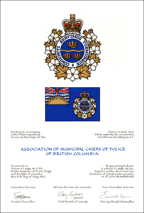 Letters patent granting heraldic emblems to the Association of Municipal Chiefs of Police of British Columbia