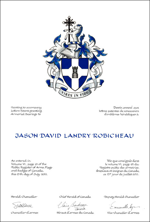 Letters patent granting heraldic emblems to Jason David Landry Robicheau