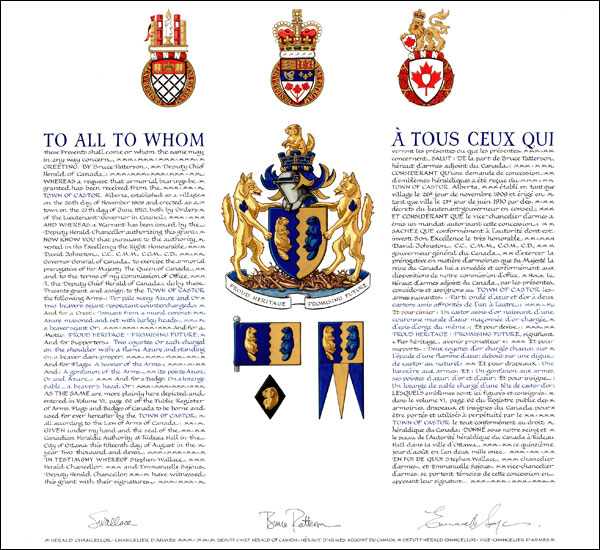 Letters patent granting heraldic emblems to the Town of Castor