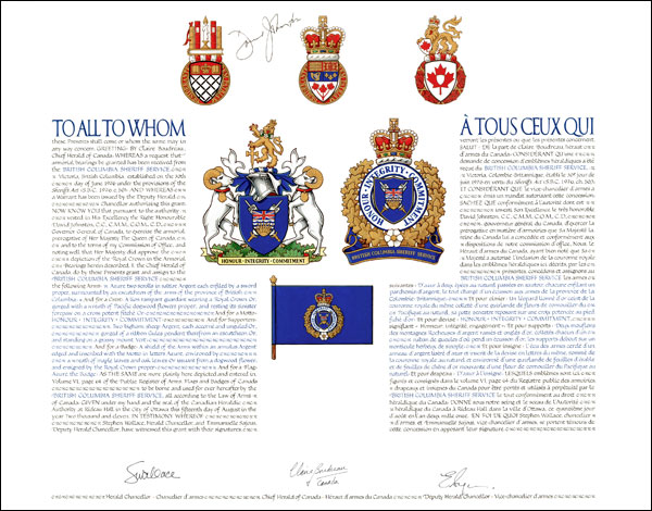 Letters patent granting heraldic emblems to the British Columbia Sheriff Service