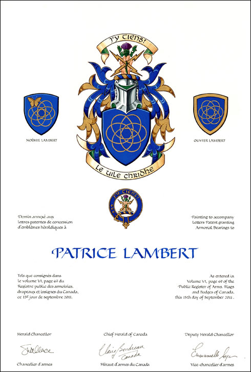 Letters patent granting heraldic emblems to Patrice Lambert