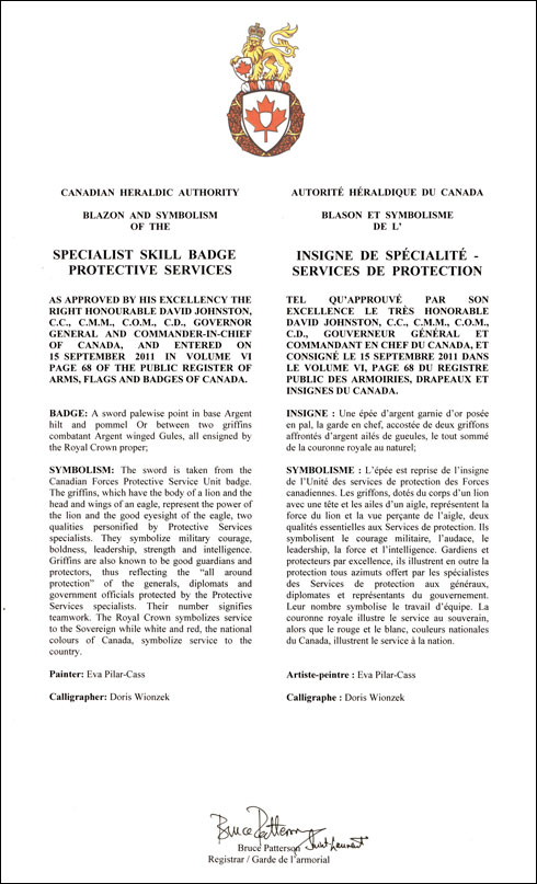 Letters patent approving the Specialist Skill Badge - Protective Services