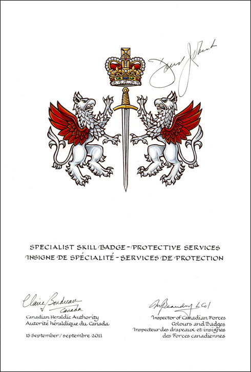 Letters patent approving the Specialist Skill Badge - Protective Services