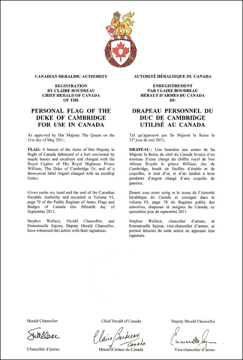 Letters patent registering the Flag of The Duke of Cambridge for use in Canada