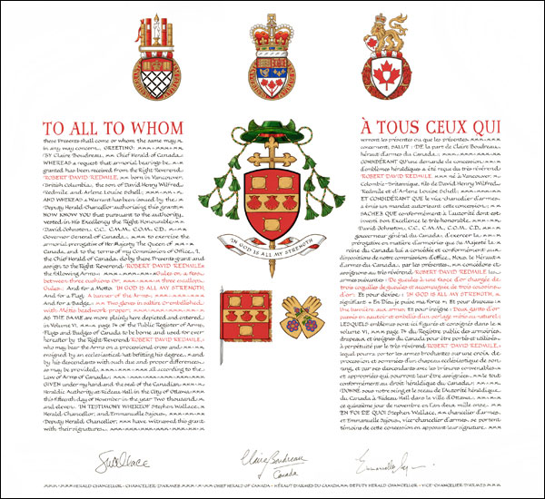 Letters patent granting heraldic emblems to Robert David Redmile