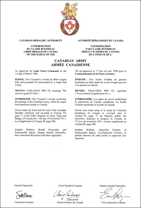 Letters patent confirming the Badge of the Canadian Army