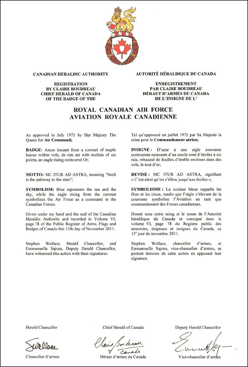 Letters patent registering the Badge of the Royal Canadian Air Force