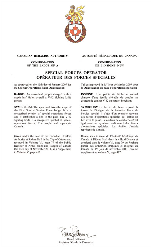 Letters patent confirming the Badge of a Special Forces Operator