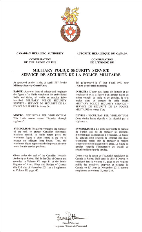 Letters patent approving the Badge of the Military Police Security Service