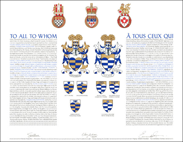 Letters patent granting heraldic emblems to Michel Maria Joseph Shore