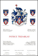 Letters patent granting heraldic emblems to Patrice Tremblay