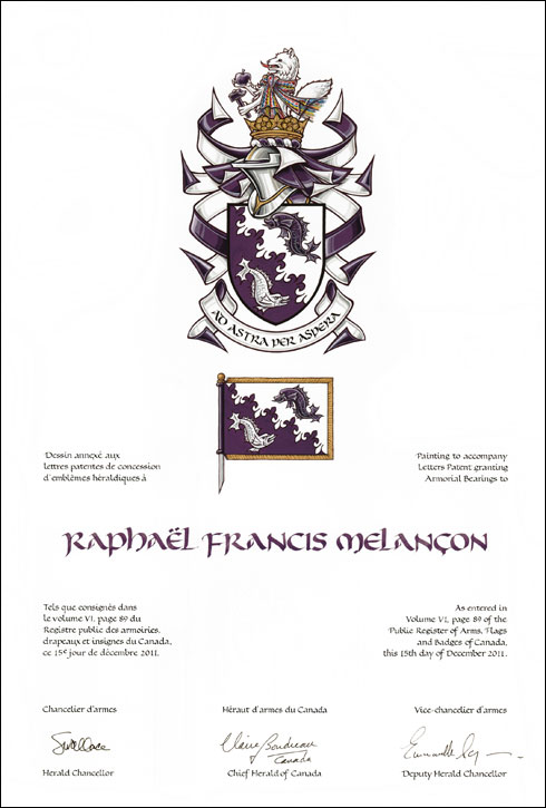 Letters patent granting heraldic emblems to Raphaël Francis Melançon