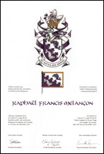 Letters patent granting heraldic emblems to Raphaël Francis Melançon