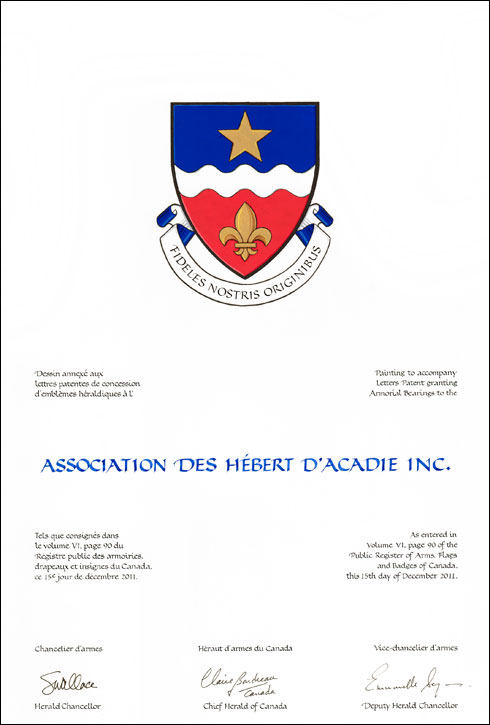 Letters patent granting heraldic emblems to the Association des Hébert d’Acadie Inc.