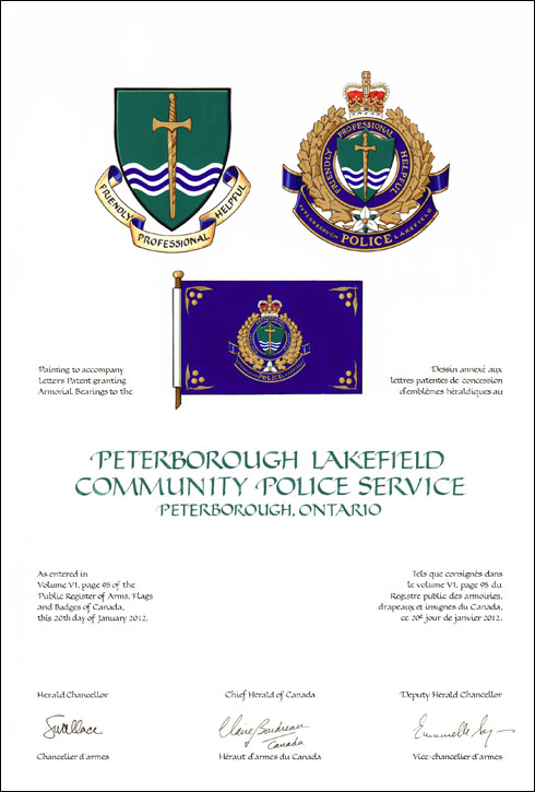 Letters patent granting heraldic emblems to the Peterborough Lakefield Community Police Service