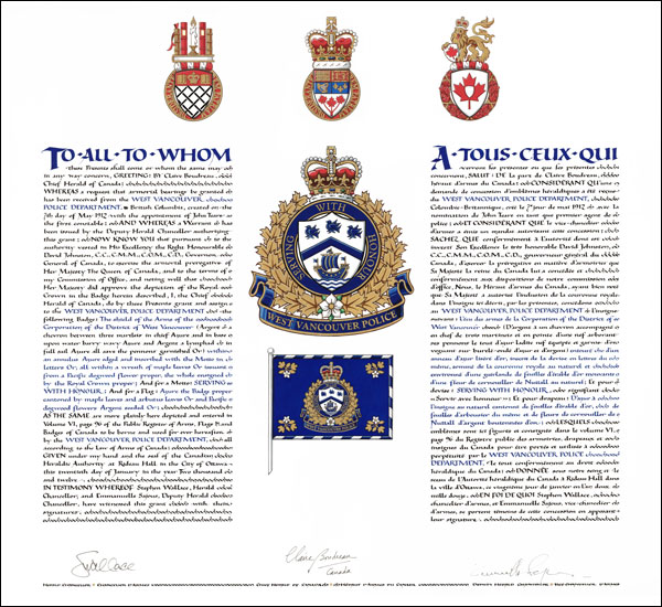 Letters patent granting heraldic emblems to the West Vancouver Police Department